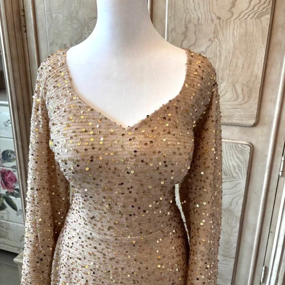 NEW Gold Prom Dress, Gold Dress, Gold Maxi Dress, Sequin Dress, Size 14/Large - Picture 3 of 11